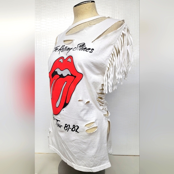 Rolling Stones fringe Shred Tee Upcycled Retro Band Merch - Picture 7 of 9